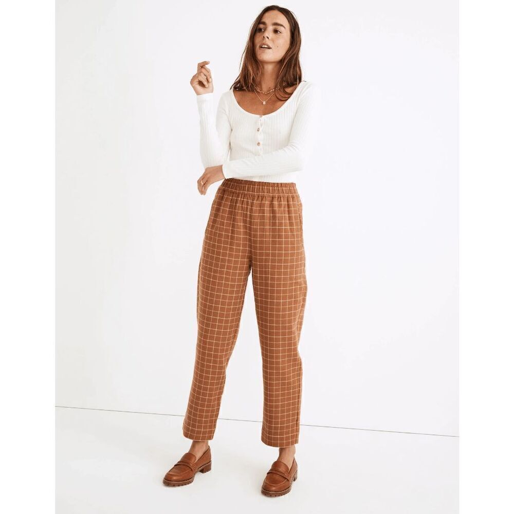 Madewell Warm Hickory Windowpane Plaid Waffleback Tapered Pants Women's Size XXS